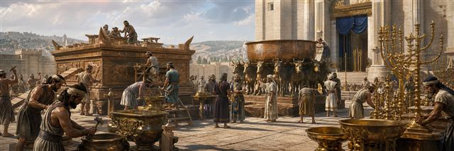Temple artisans crafting the bronze Sea, altar, lampstands, and golden furnishings